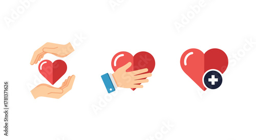 Hands protecting heart symbols with medical theme in flat style