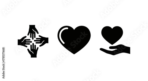 Silhouette icons of unity, love, and care in black and white
