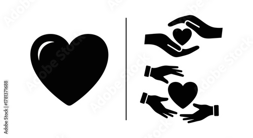 Heart icon set with hands in silhouette style for love and care themes