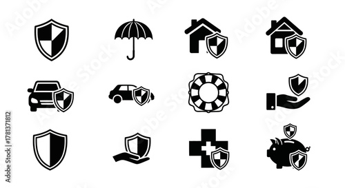 Essential insurance icons set: shield, car, house, health, finance, protection symbols