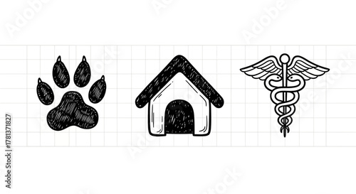 Hand drawn pet icons: paw, dog house, and veterinary symbol on grid background