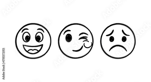Set of hand-drawn emotive faces with happy, winking, and sad expressions