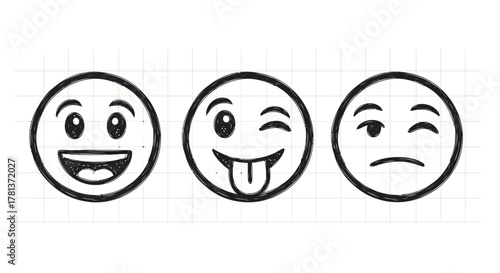 Hand drawn emoji faces sketch: happy, playful, and moody expressions