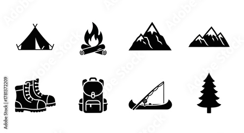 Outdoor adventure icons: camping, hiking, fishing, and nature in bold silhouette design