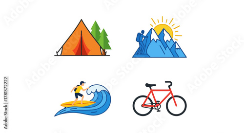 Outdoor adventure activities: camping, hiking, surfing, and cycling in modern flat design