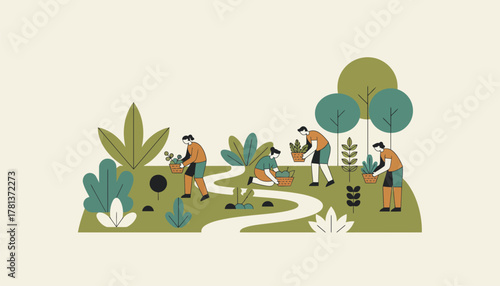 A serene botanical garden where individuals collect medicinal plants underlining the importance of nature in alternative health practices.