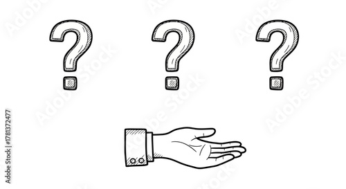 Hand drawn business decision concept with questions and hand gesture