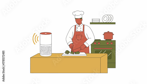 A cozy kitchen scene where a voice assistant provides stepbystep cooking instructions while a chef prepares ingredients.