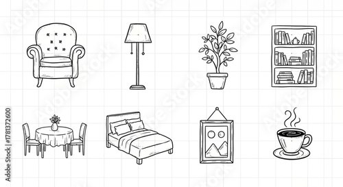 Hand drawn home interior elements: furniture, decor, and more