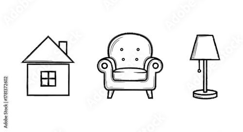 Minimalist line art of house, armchair, and lamp decor elements