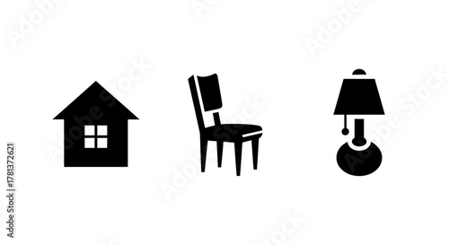 Minimalist black silhouette icons of house, chair, and lamp