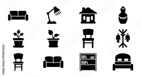 Silhouette icons of home furniture and decor elements in classic style