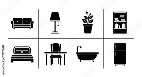 Minimalist black silhouette icons of home interior furniture and decor on white background