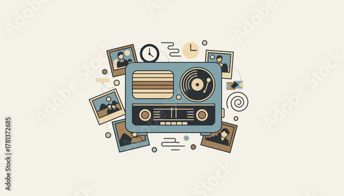 A nostalgic scene of an oldfashioned radio playing vinyl surrounded by old photographs and cherished memories hinting at the passage of time.