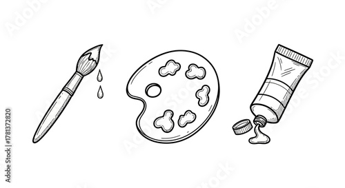 Art supplies sketch: brush, palette, and paint tube in minimalist design