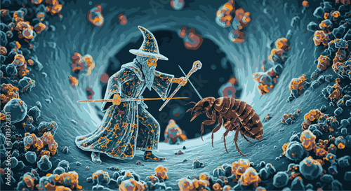 The Microscopic Duel A Wizard's Battle Against the Flea in a Cellular Landscape