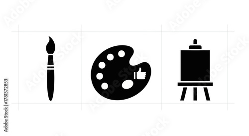 Creative art tools: paintbrush, palette, easel icons in minimalist design