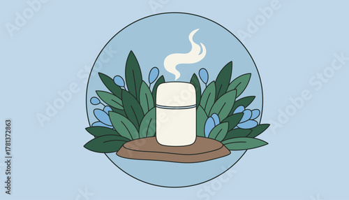 A tranquil outdoor setting featuring a portable diffuser gently releasing aromatic vapor amidst lush greenery.