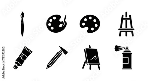 Creative art tools set: silhouette icons of brush, palette, easel, pencil, spray
