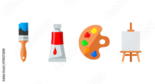 Artistic tools set with paintbrush, paint tube, palette, and easel in flat design