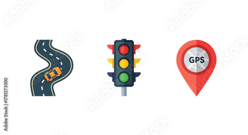 Traffic icons set with curvy road, traffic light, and gps marker