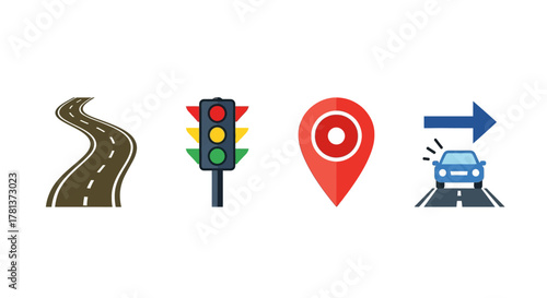 Road journey icons: traffic light, map pin, curved road, navigation arrow with car