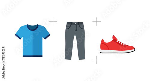 Casual outfit design: blue t-shirt, gray pants, and red sneakers