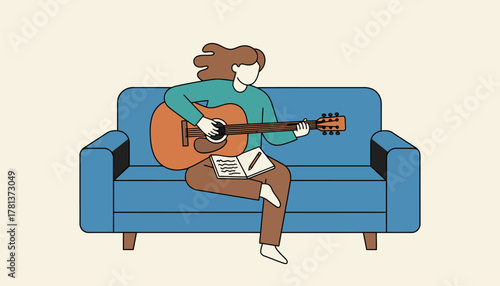 A songwriter strumming an acoustic guitar while sitting on a couch words scribbled on a notepad capturing fleeting lyrical ideas.