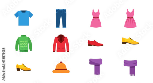 Colorful clothing icons: dresses, shoes, and accessories in flat design