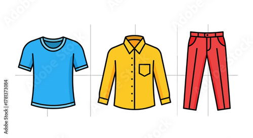 Stylish linear clothing design featuring t-shirt, shirt, and pants in vibrant colors
