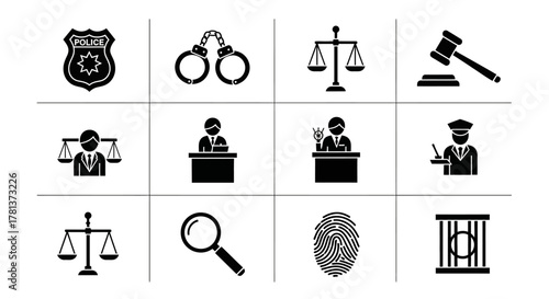 Law and justice icons: diverse legal system graphics and symbols collection