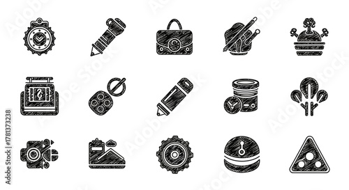 Hand drawn grunge icons set with doodle style elements