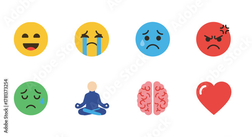 Colorful emotional icons set featuring smiley faces and symbols