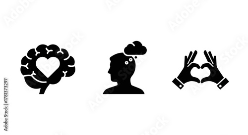 Silhouette icons of love in brain, mind, and hands
