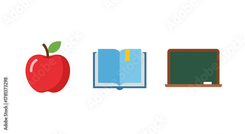 Back to school essentials: apple, book, and chalkboard icon set