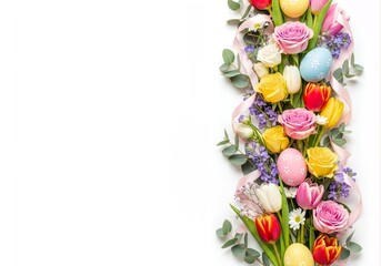 Colorful spring bouquet with roses, tulips, decorated Easter eggs, ribbon, and eucalyptus leaves forming a vertical border on a bright white background with copy space.
