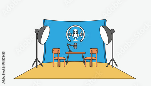 Studio lights illuminating a vibrant backdrop with the podcast logo creating a visually appealing space for video recording sessions.