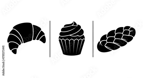 Black and white bakery silhouettes featuring croissant, cupcake, and bread