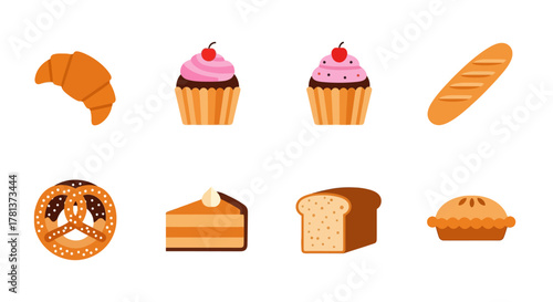 Delicious bakery icons collection featuring pastries, cakes, and bread in a flat style