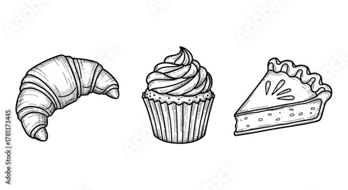 Hand drawn bakery delights: croissant, cupcake, and pie sketch
