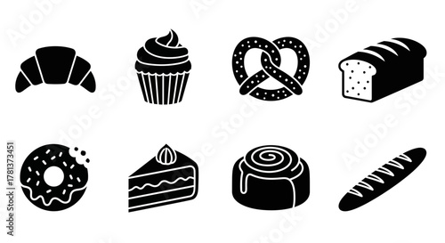 Bakery icons set: silhouette cupcake, pretzel, croissant, and more