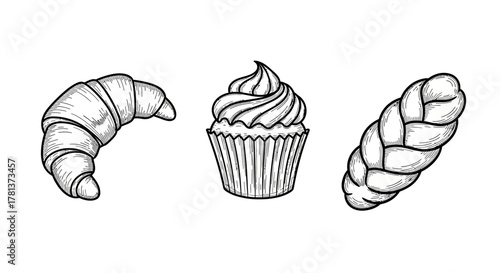 Hand drawn pastries: croissant, cupcake, and braid in black and white sketch style