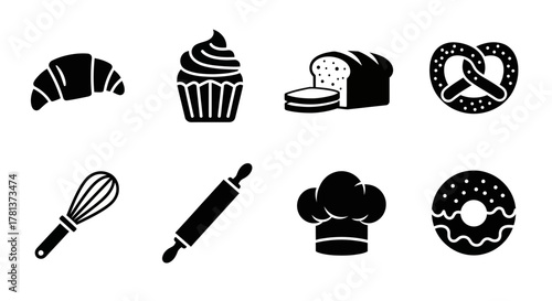 Bakery and cooking icons in black silhouette style for culinary design