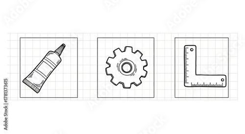 Hand-drawn craft tools with grid background: glue, gear, and ruler icons
