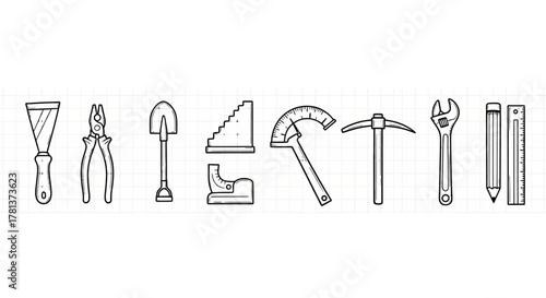 Linear tool icons on grid background for construction and repair designs