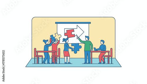 A training session in a training room with employees participating in teambuilding activities while a facilitator guides them.