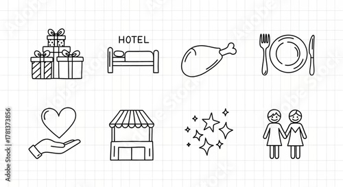 Simple linear icons of gifts, hotel, food, dining, heart, market, stars, and people on grid background