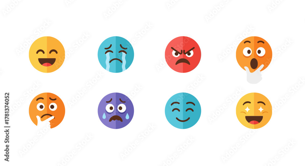 Obraz premium Colorful emoji set displaying various expressions in flat design style