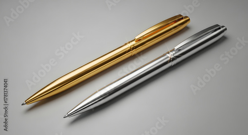 Wallpaper Mural Luxury Gold and Silver Pen Mockup on a Minimalist Grey Background, Representing Business, Success, and Education. Torontodigital.ca