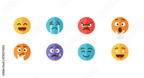 Colorful emoji set displaying various expressions in flat design style
